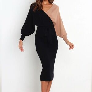 Petal & Pup Nate Dress, black/beige body-con, midi-length knit dress Size: US 6